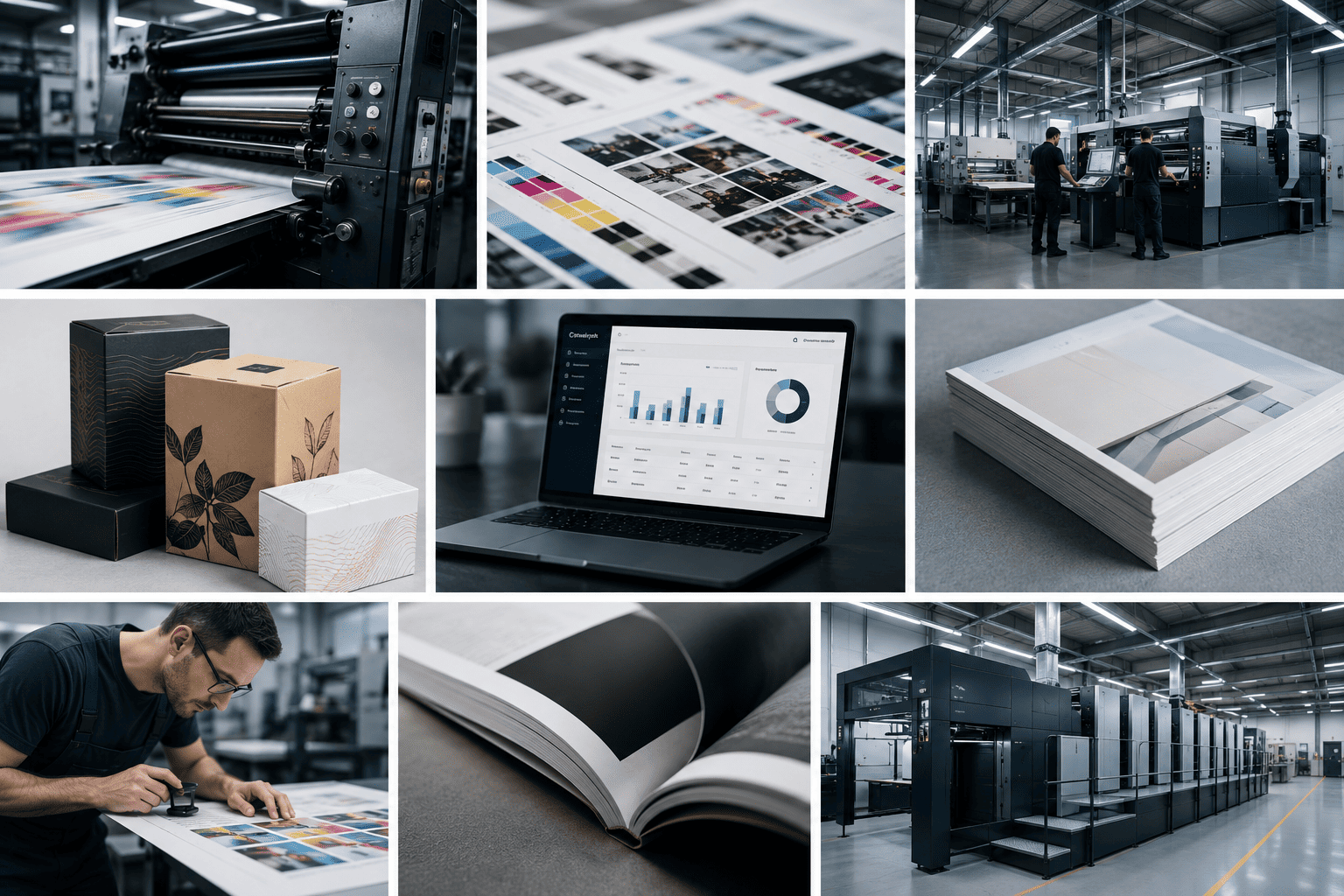 Collage de trabajos de impresión profesional y producción gráfica
